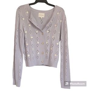 Juniors L sweater set cardigan/tank light grey/purple with daisies. Pink Rose L